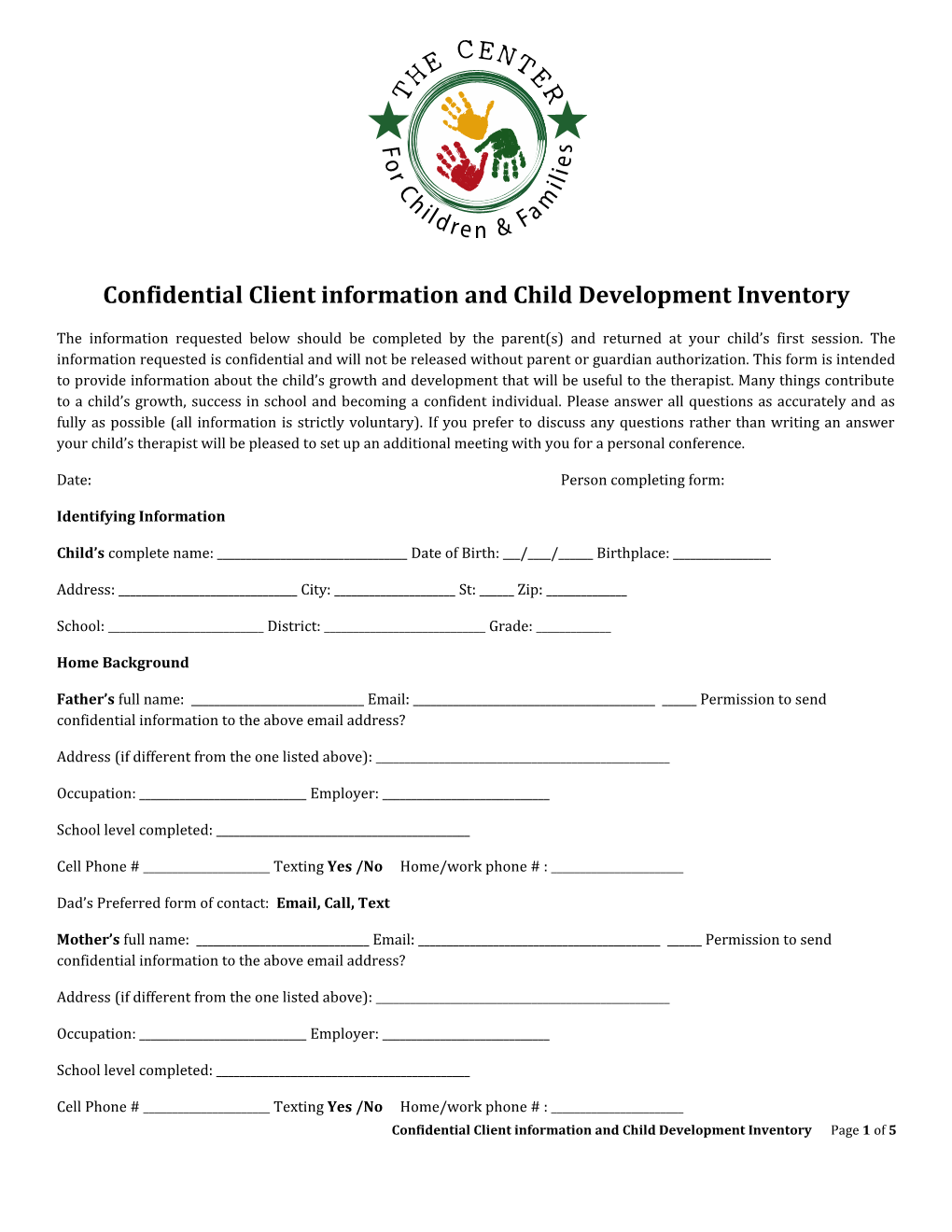 Confidential Client Information and Child Development Inventory