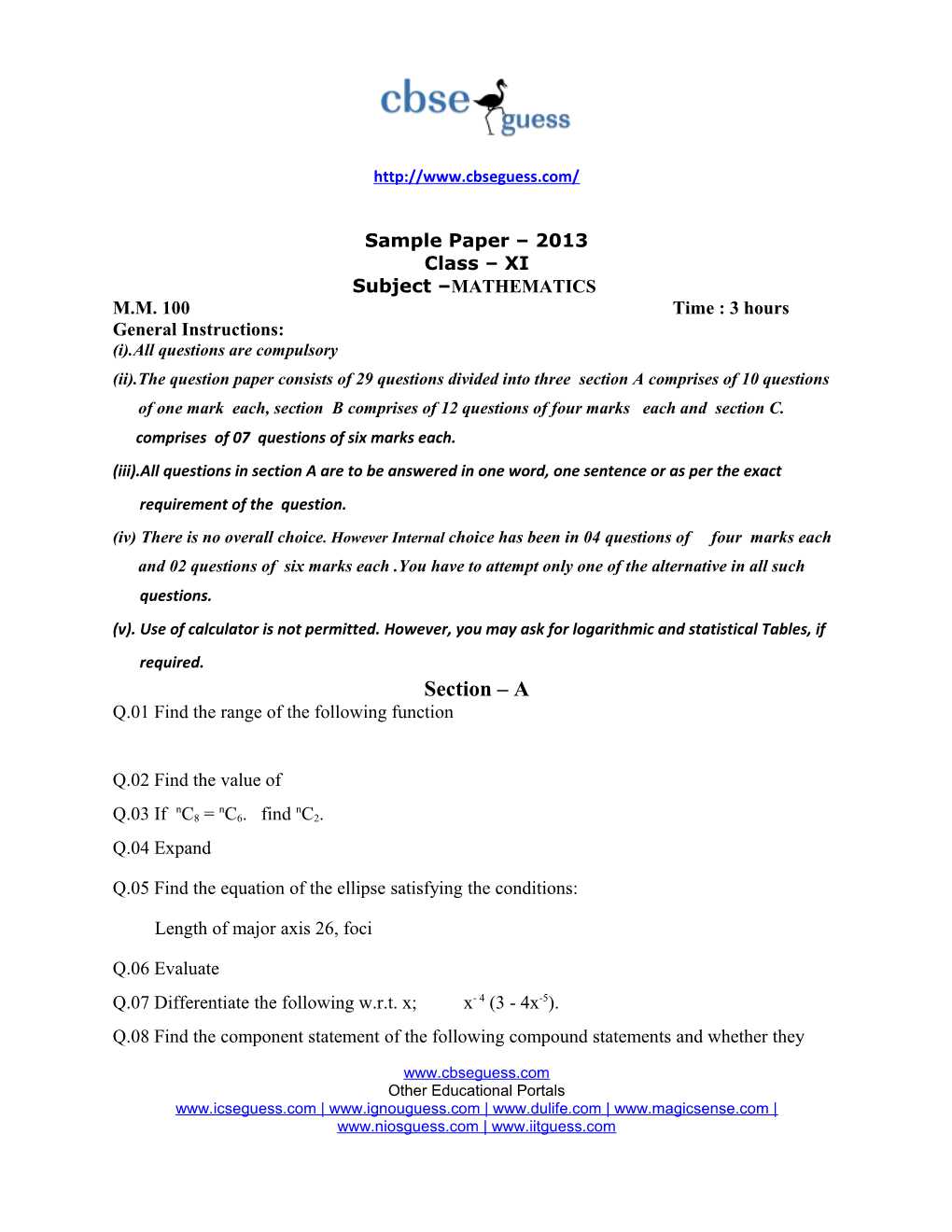 Sample Paper 2013Class Xisubject MATHEMATICS