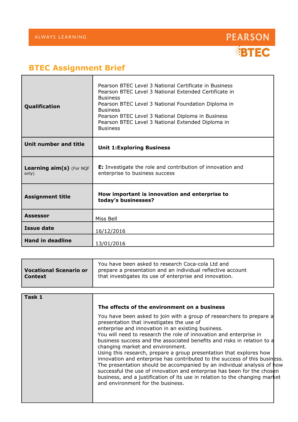 BTEC Assignment Brief