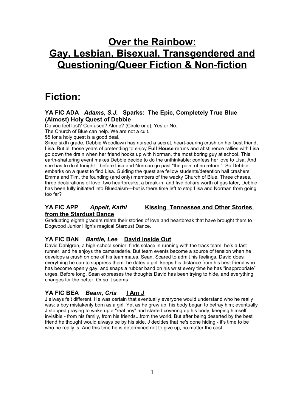 Gay, Lesbian, Bisexual and Transgendered Fiction