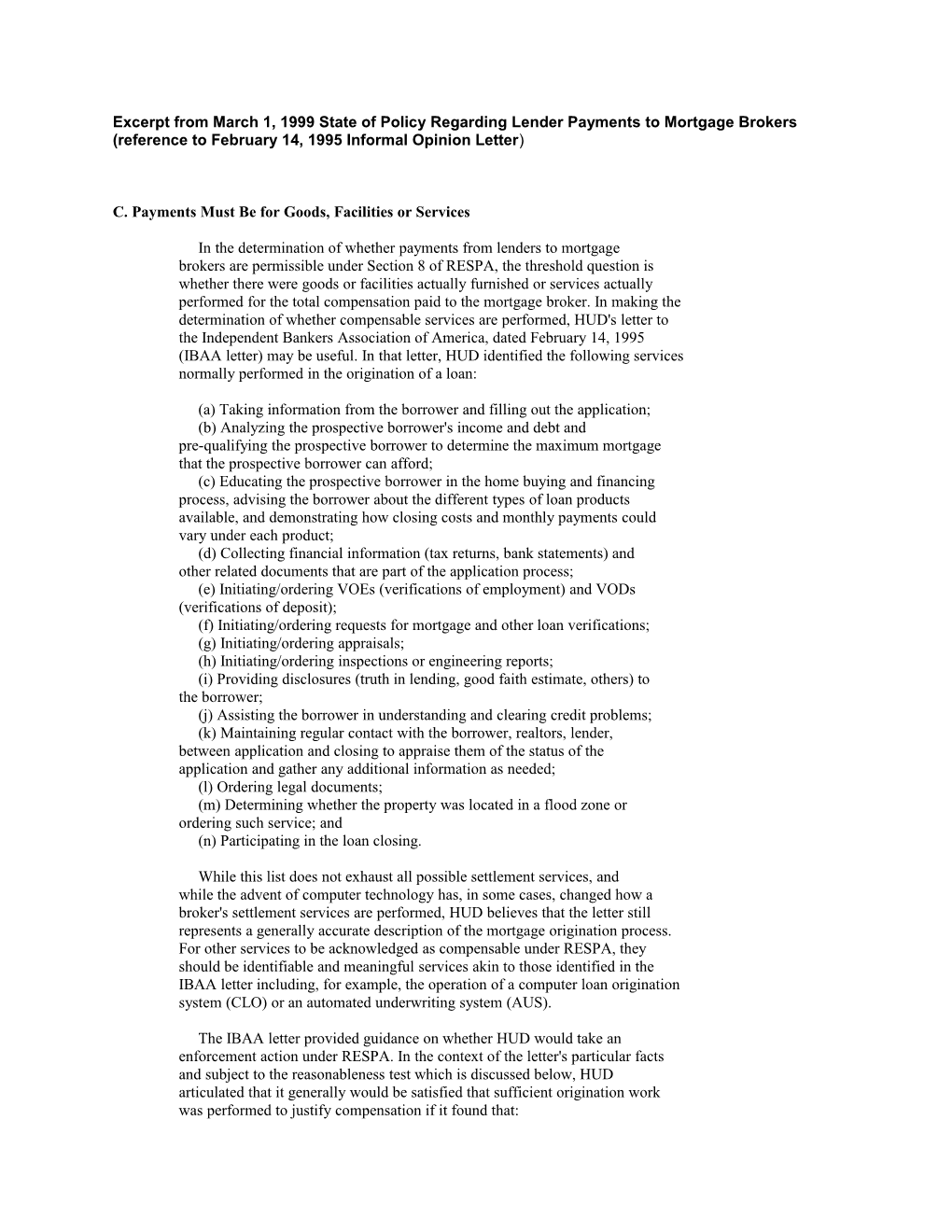 Excerpt from March 1, 1999 State of Policy Regarding Lender Payments to Mortgage Brokers