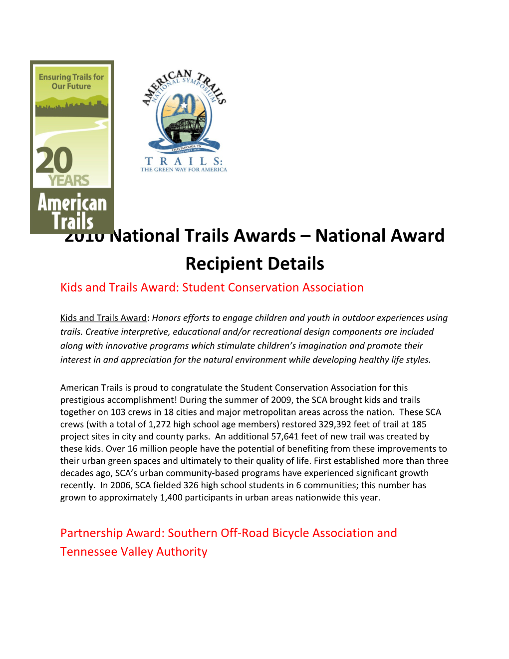 2010 National Trails Awards National Award Recipient Details