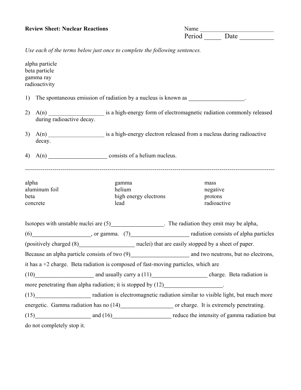 Review Sheet: Nuclear Reactions