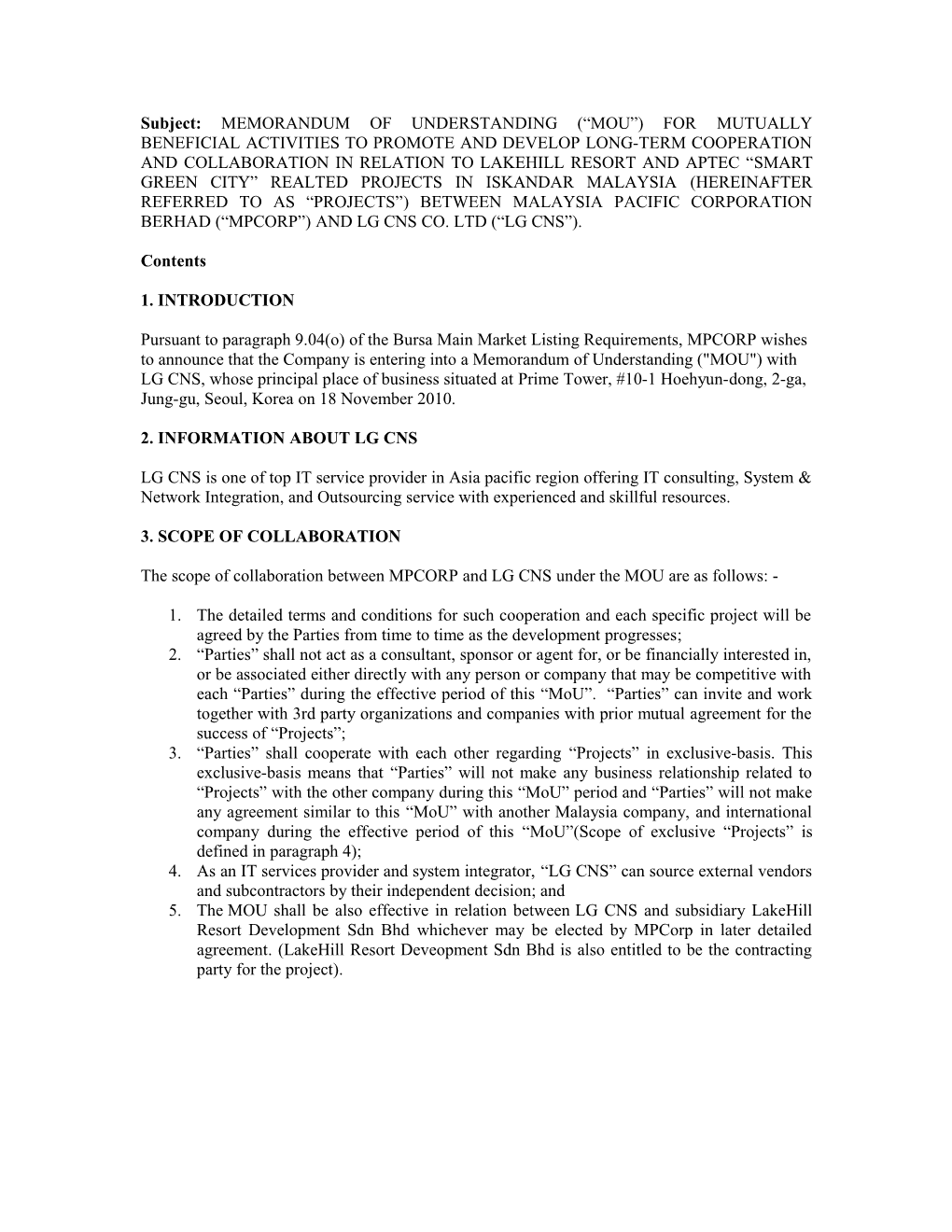 Memorandum of Understanding ( MOU ) Between Tenaga Nasional Berhad ( TNB ) and Public