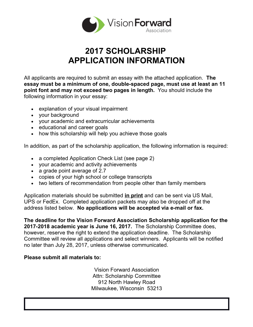 Vision Forward Association Scholarship