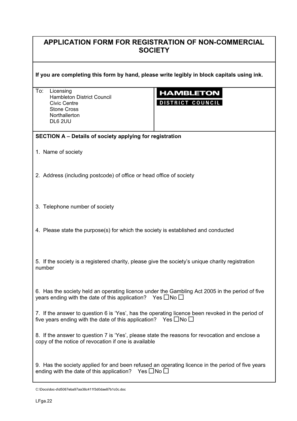 Application Form for Registration of Non-Commercial Society