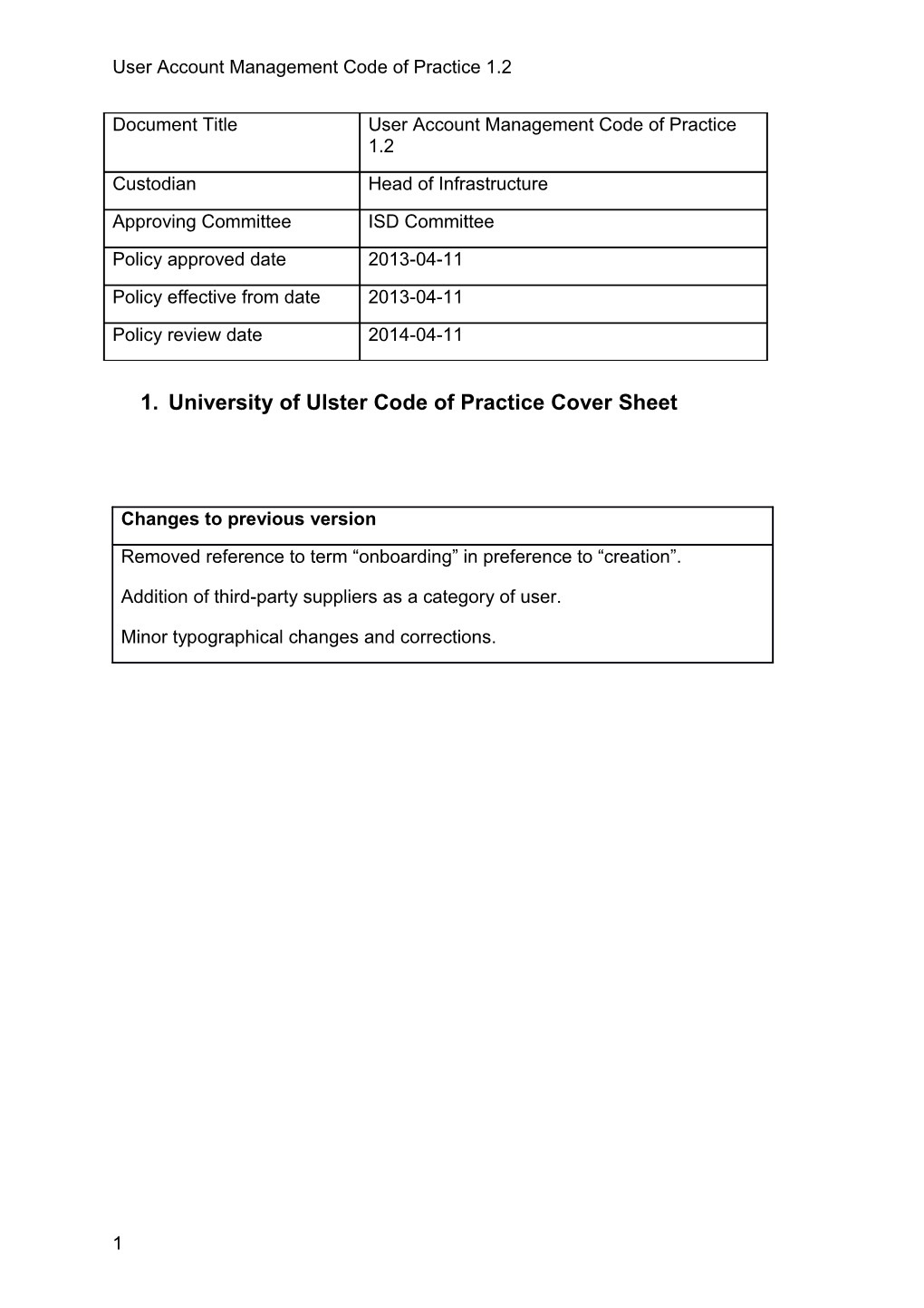 University of Ulster Code of Practice Cover Sheet