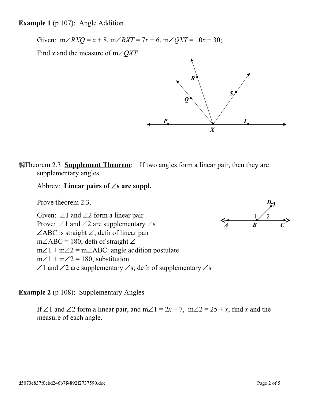 Objective: Solve Problems and Write Geometric Proofs Involving Angles