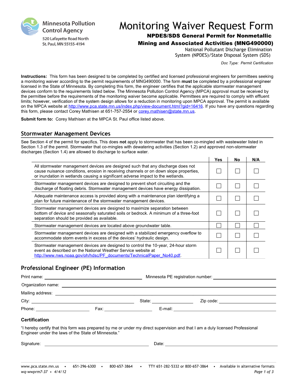 Monitoring Waiver Request Form - Form