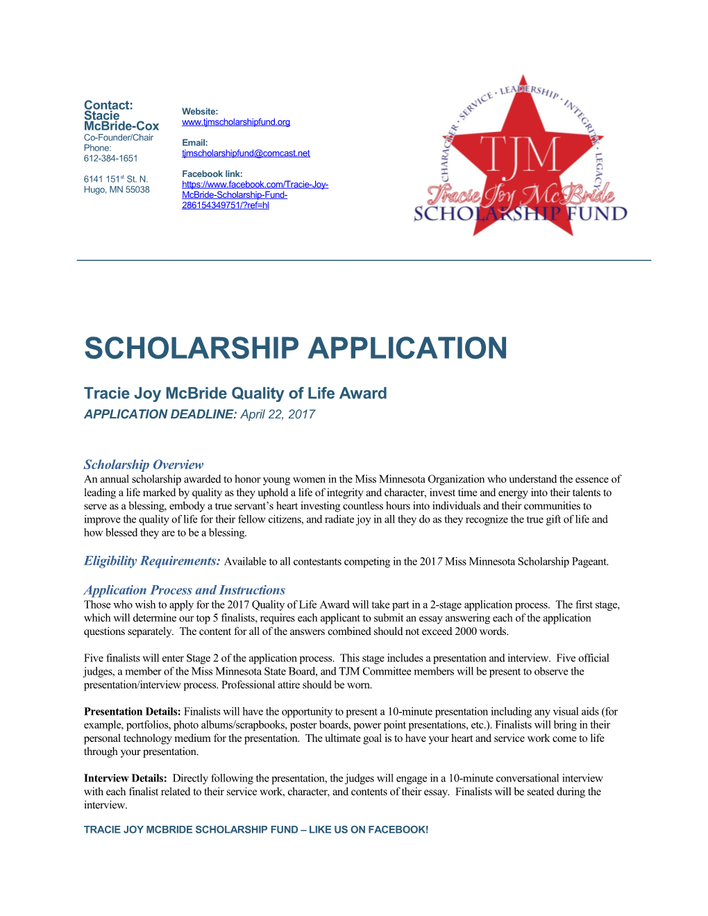 Tracie Joy Mcbride Quality of Life Scholarship Application