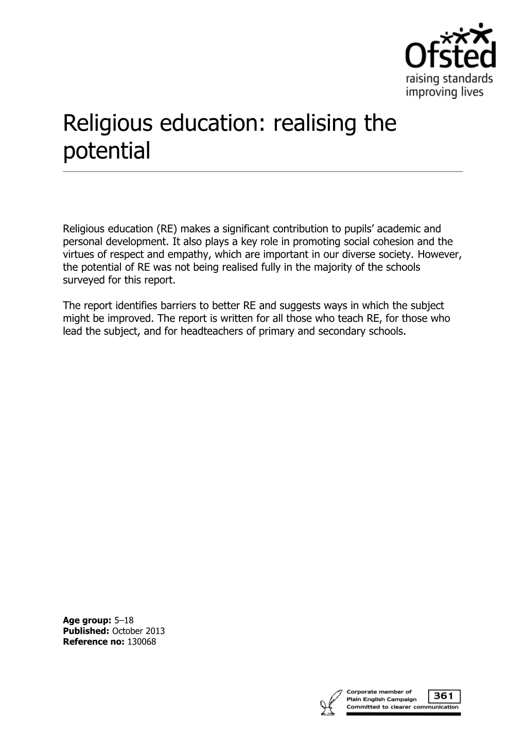 Religious Education: Realising the Potential