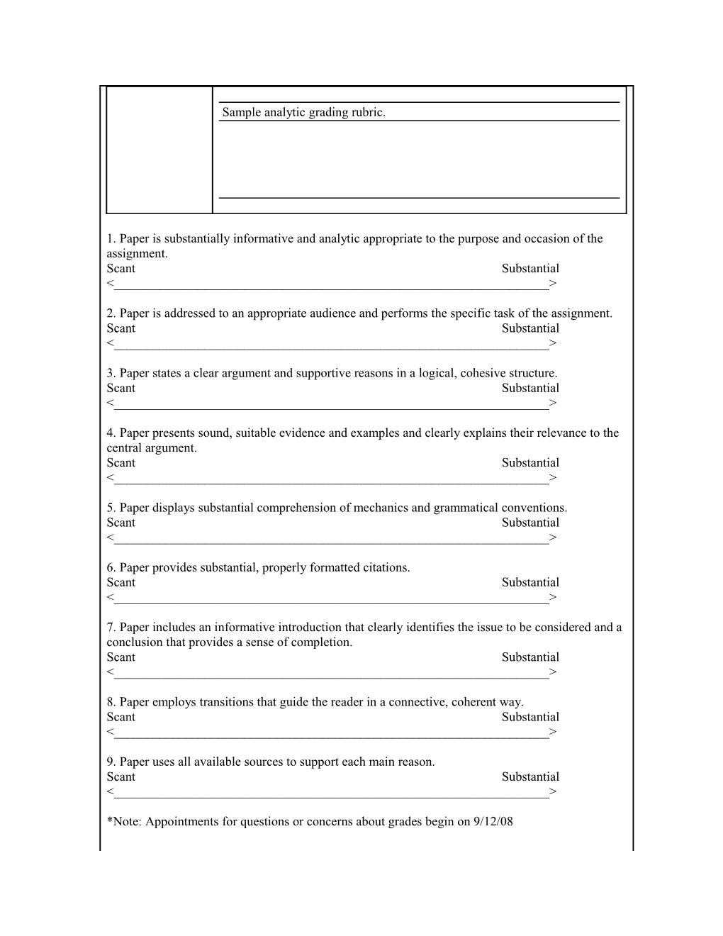 Analytic Grading Rubric for an Imaginary Assignment