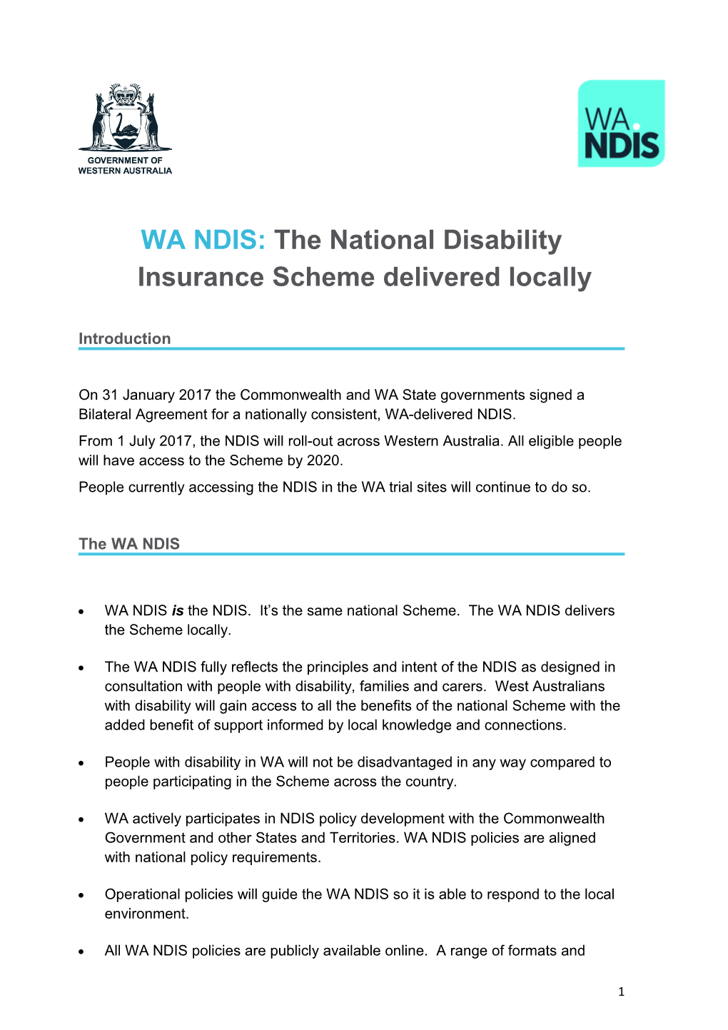 WA NDIS: the National Disability Insurance Scheme Delivered Locally