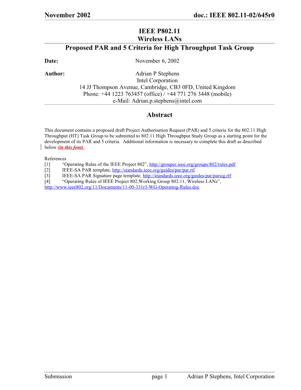 Proposed PAR and 5 Criteria for High Throughput Task Group