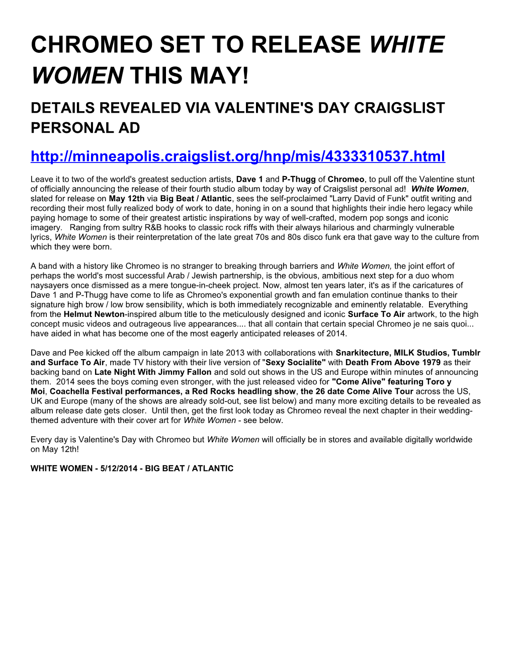 Details Revealed Via Valentine's Day Craigslist Personal Ad