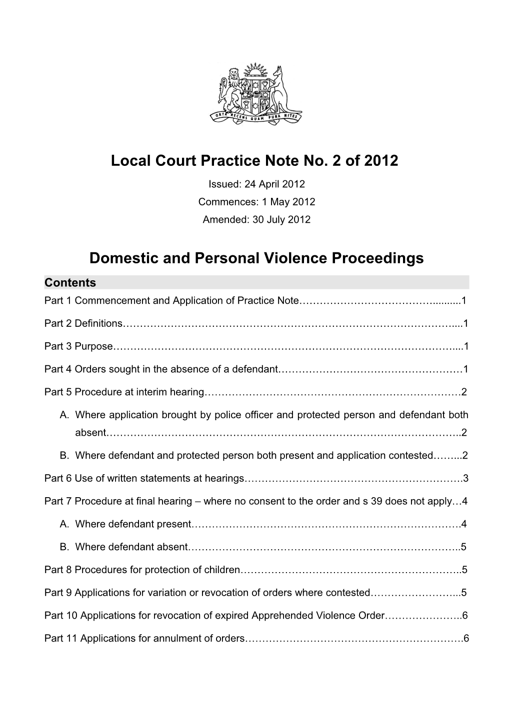 Practice Note 2 of 2012 - Domestic and Personal Voilence