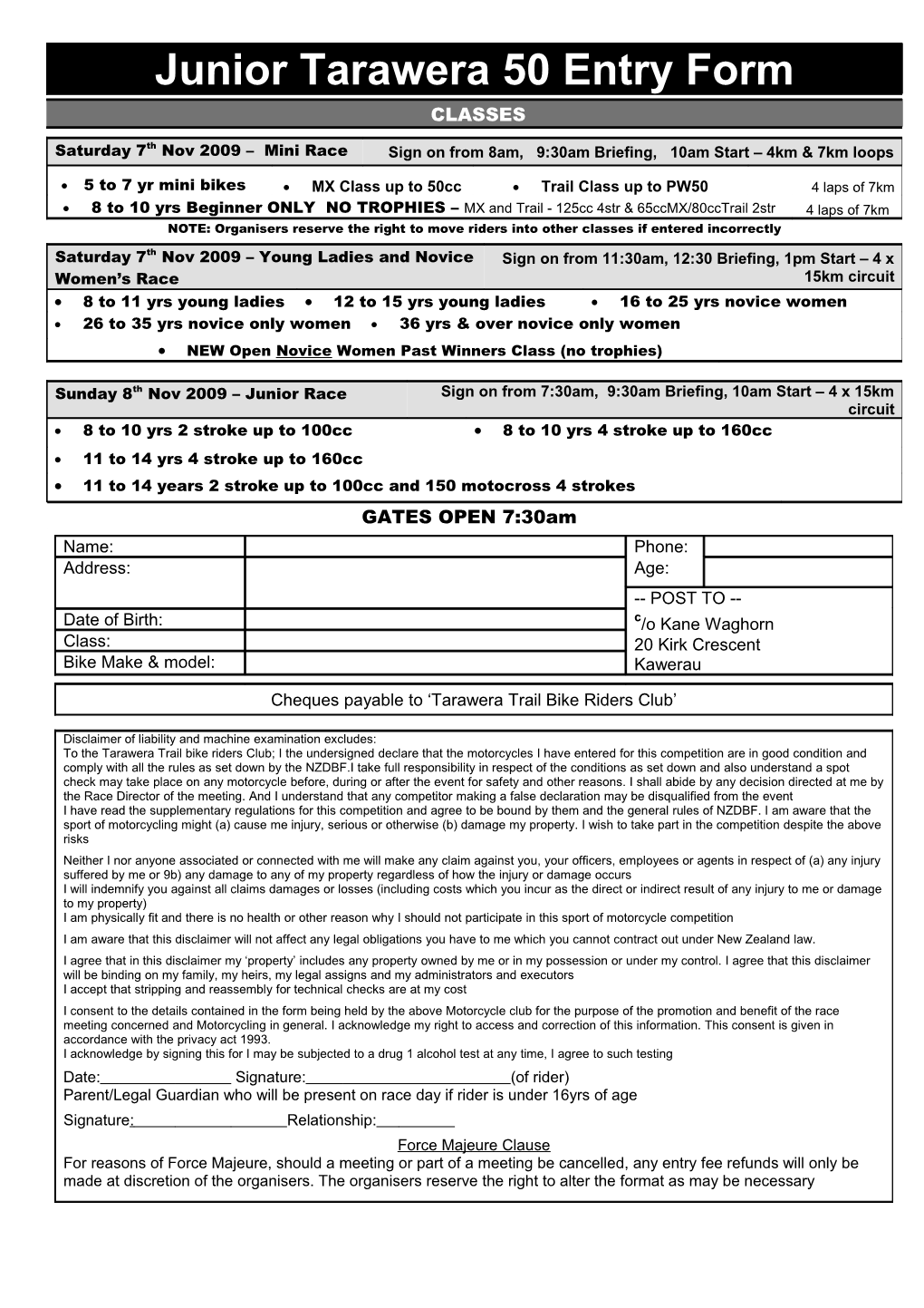 Junior Tarawera 50 Entry Form