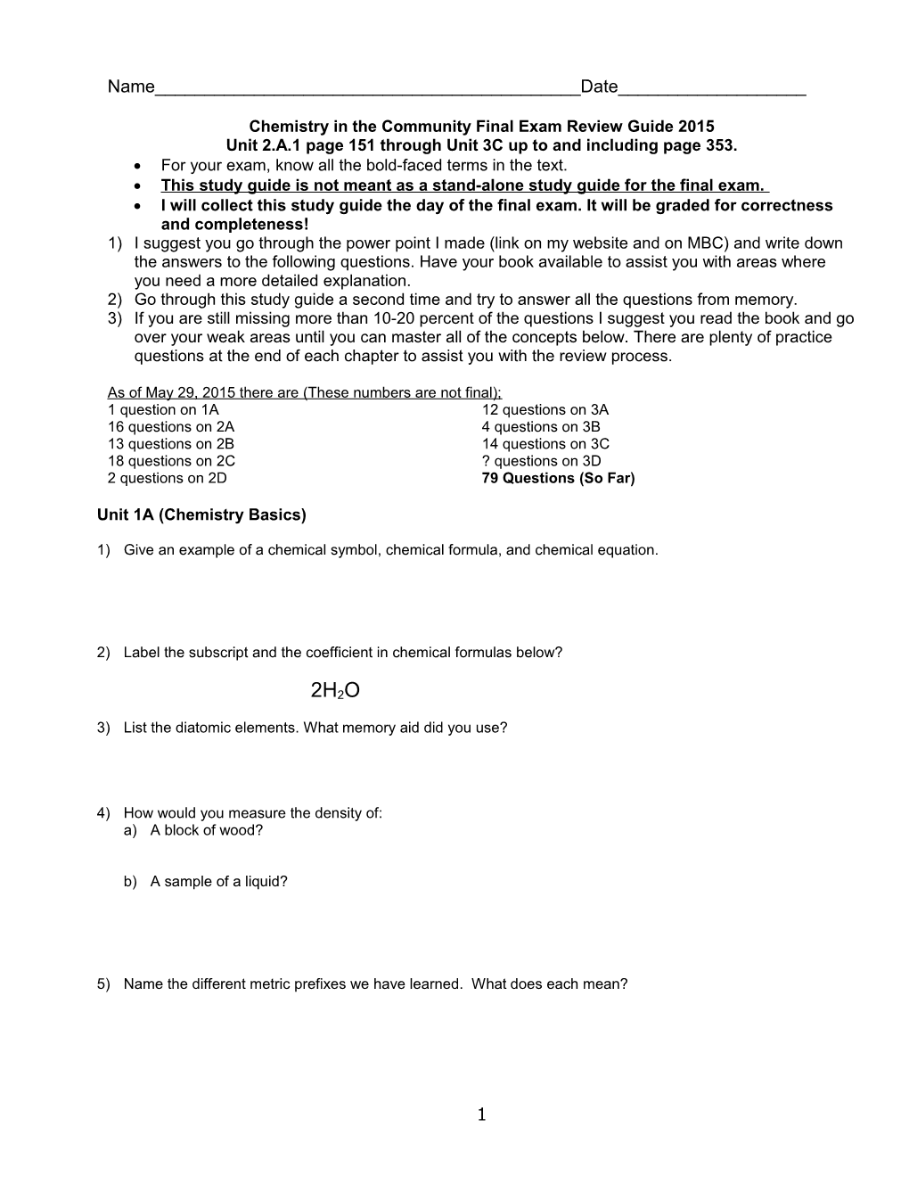 Chemistry in the Community Final Exam Review Guide 2015