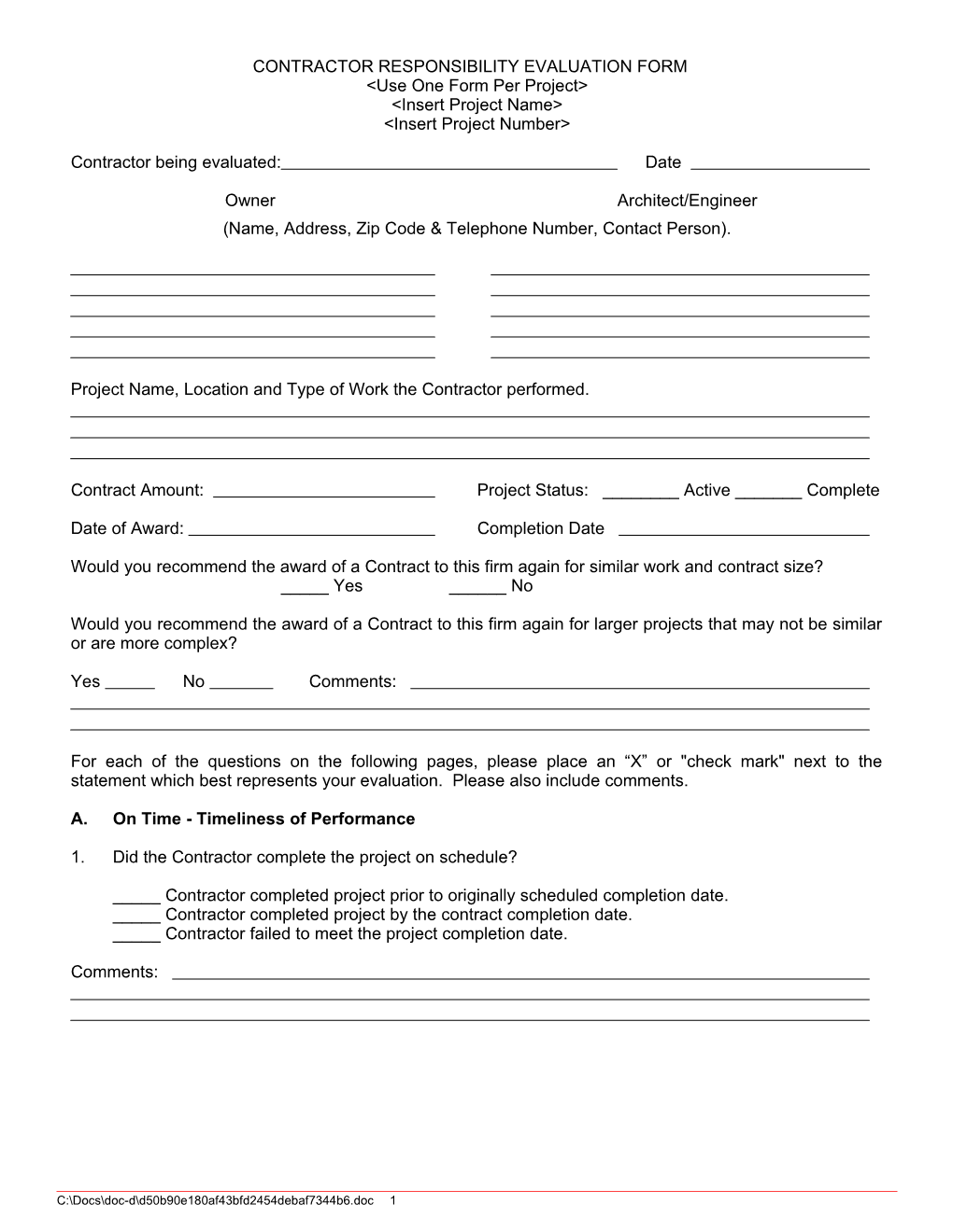 Contractor Responsibility Evaluation Form