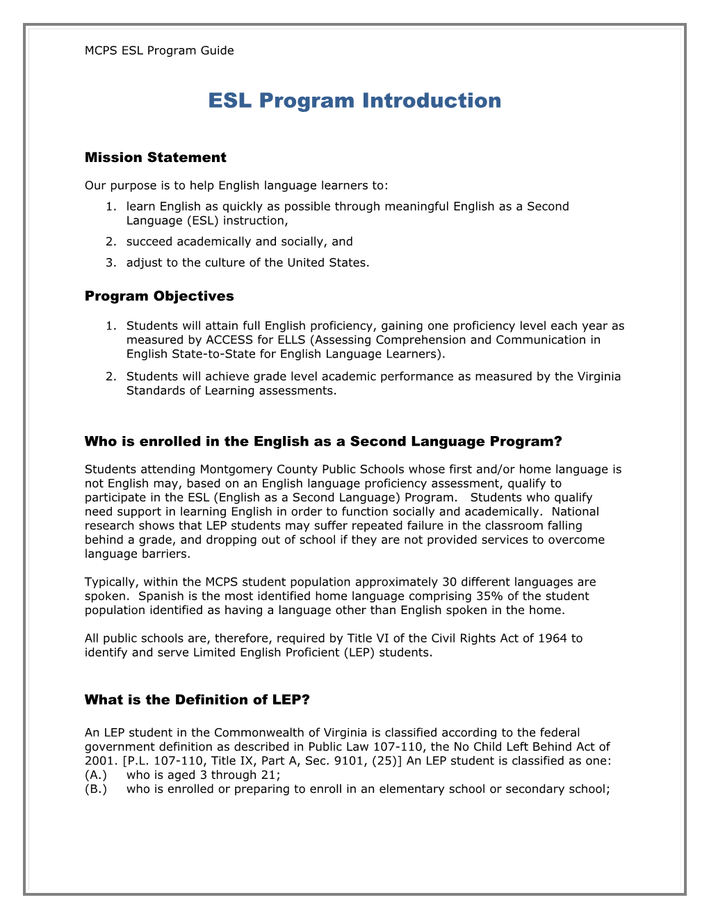 English As a Second Language Program