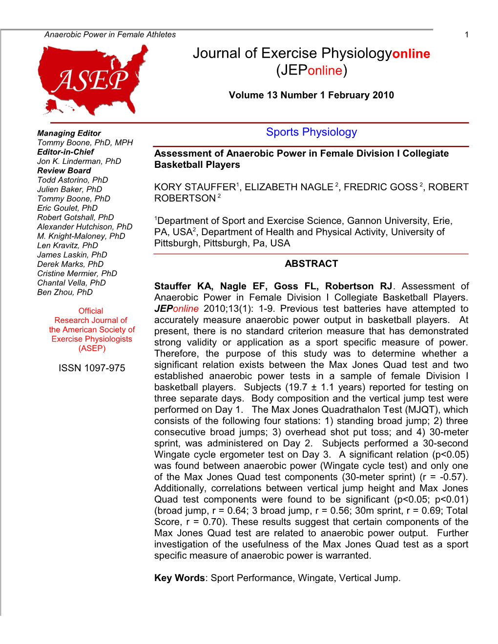 Assessment of Anaerobic Power in Female Division I Collegiate Basketball Players