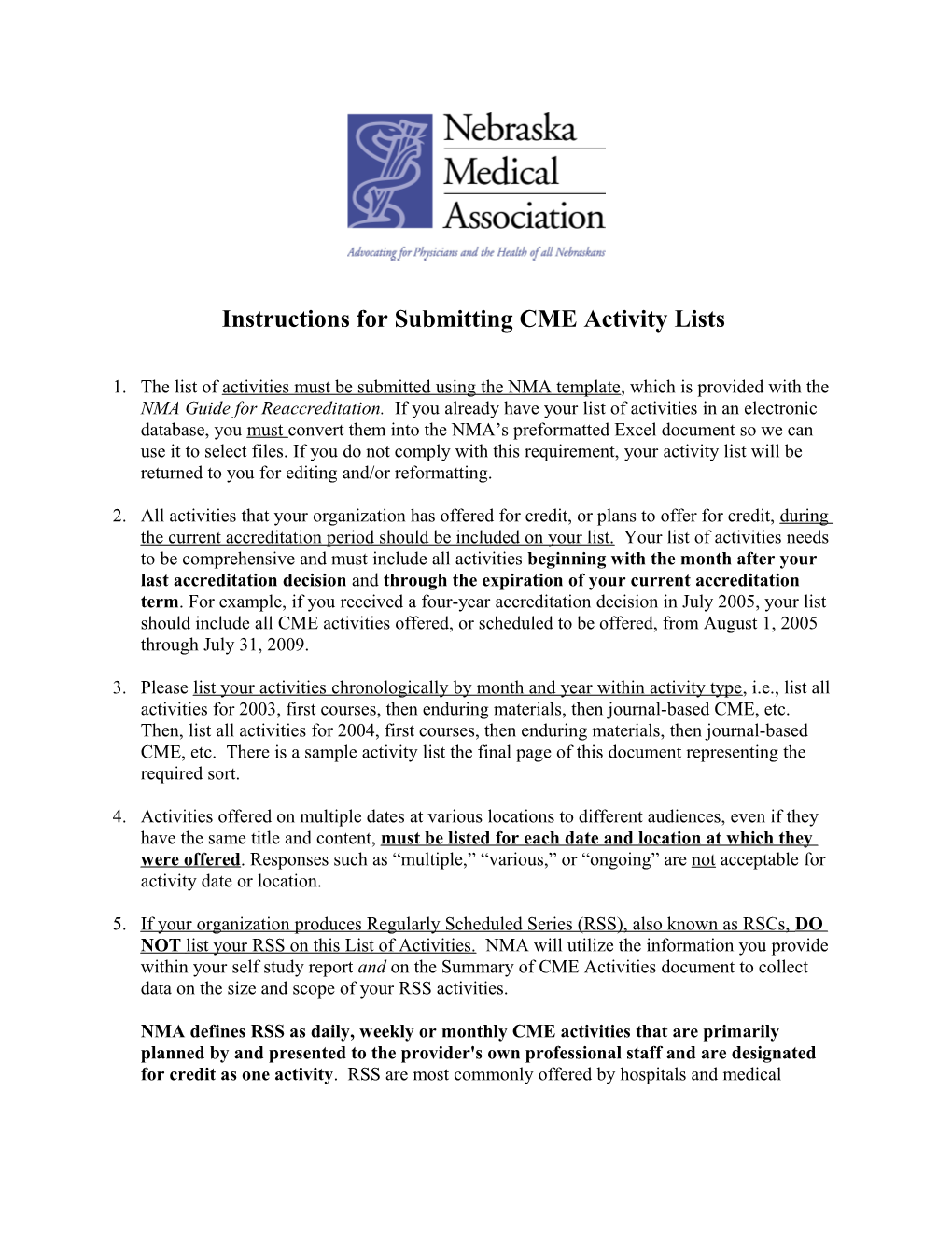 Instructions for Submitting CME Activity Lists