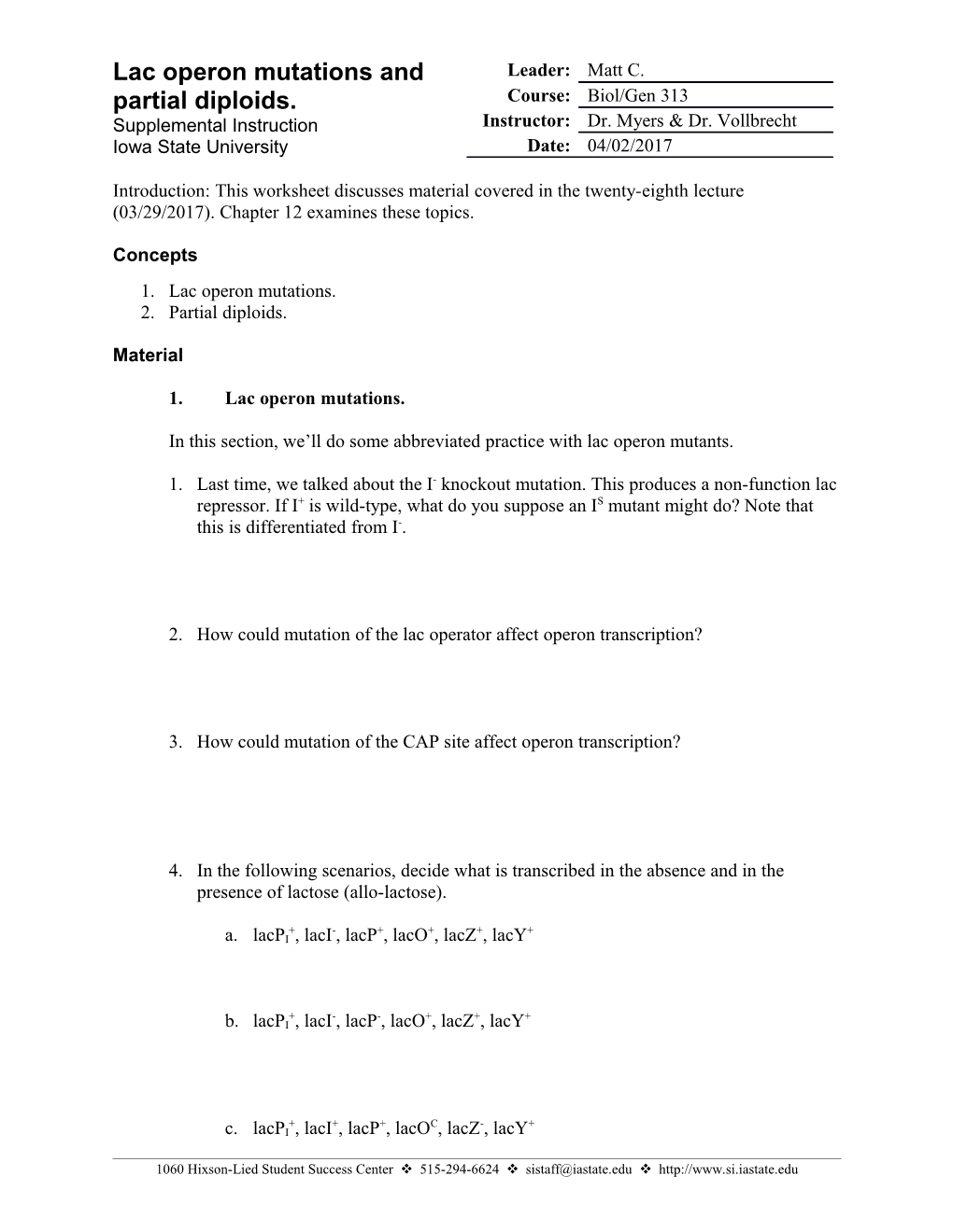 Introduction: This Worksheet Discusses Material Covered in the Twenty-Eighth