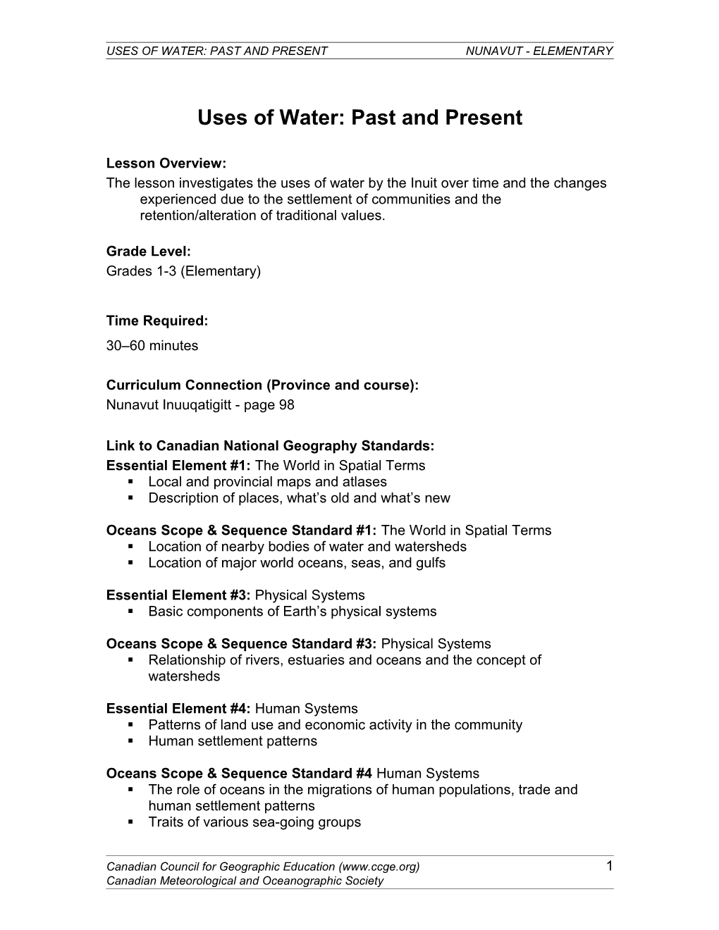 Uses of Water: Past and Presentnunavut - Elementary