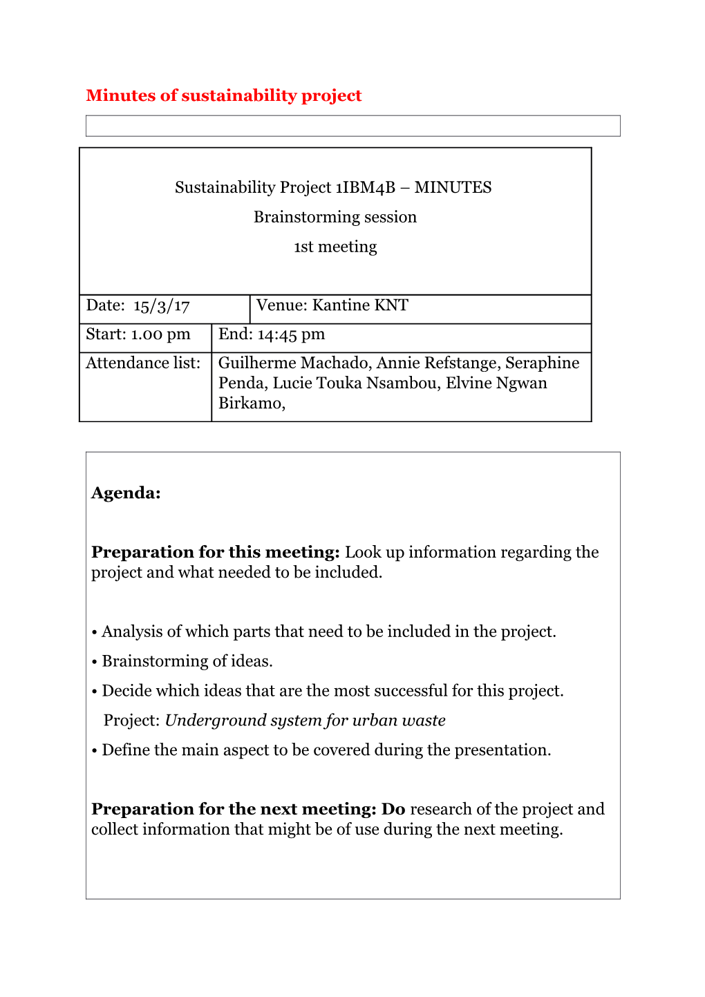Minutes of Sustainability Project