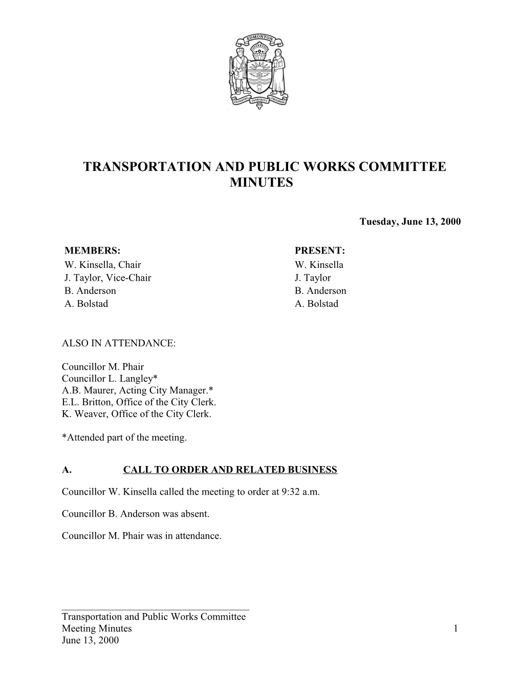 Minutes for Transportation and Public Works Committee June 13, 2000 Meeting