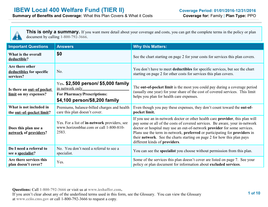 IBEW Local 400 Welfare Fund (TIER II)Coverage Period: 01/01/2016-12/31/2016
