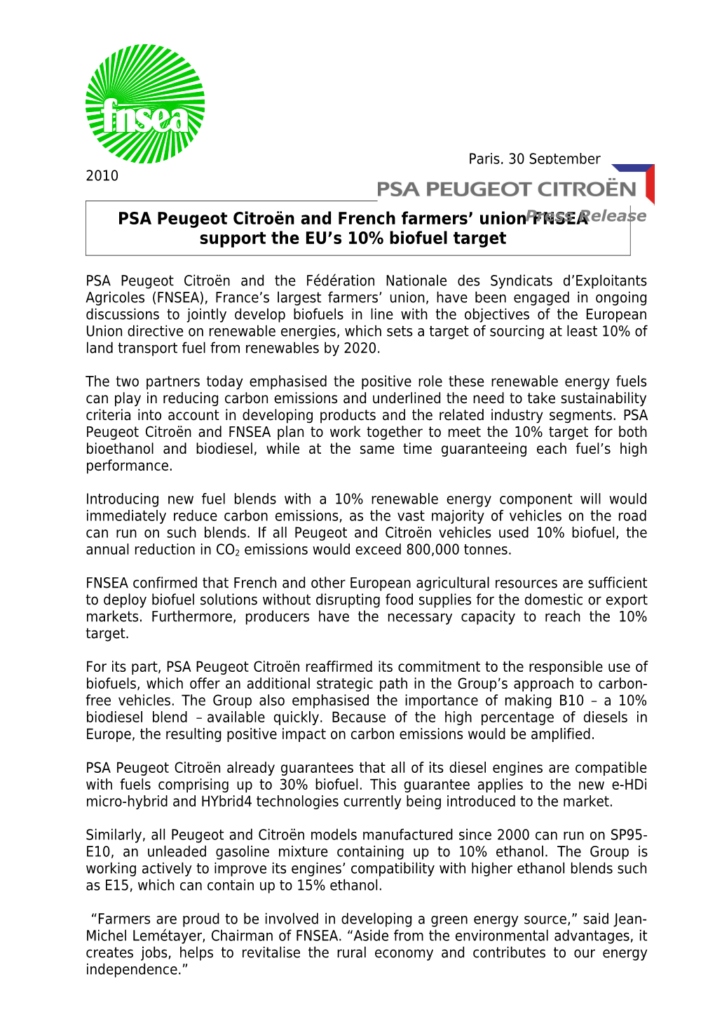 PSA Peugeot Citroën and French Farmers Union FNSEA