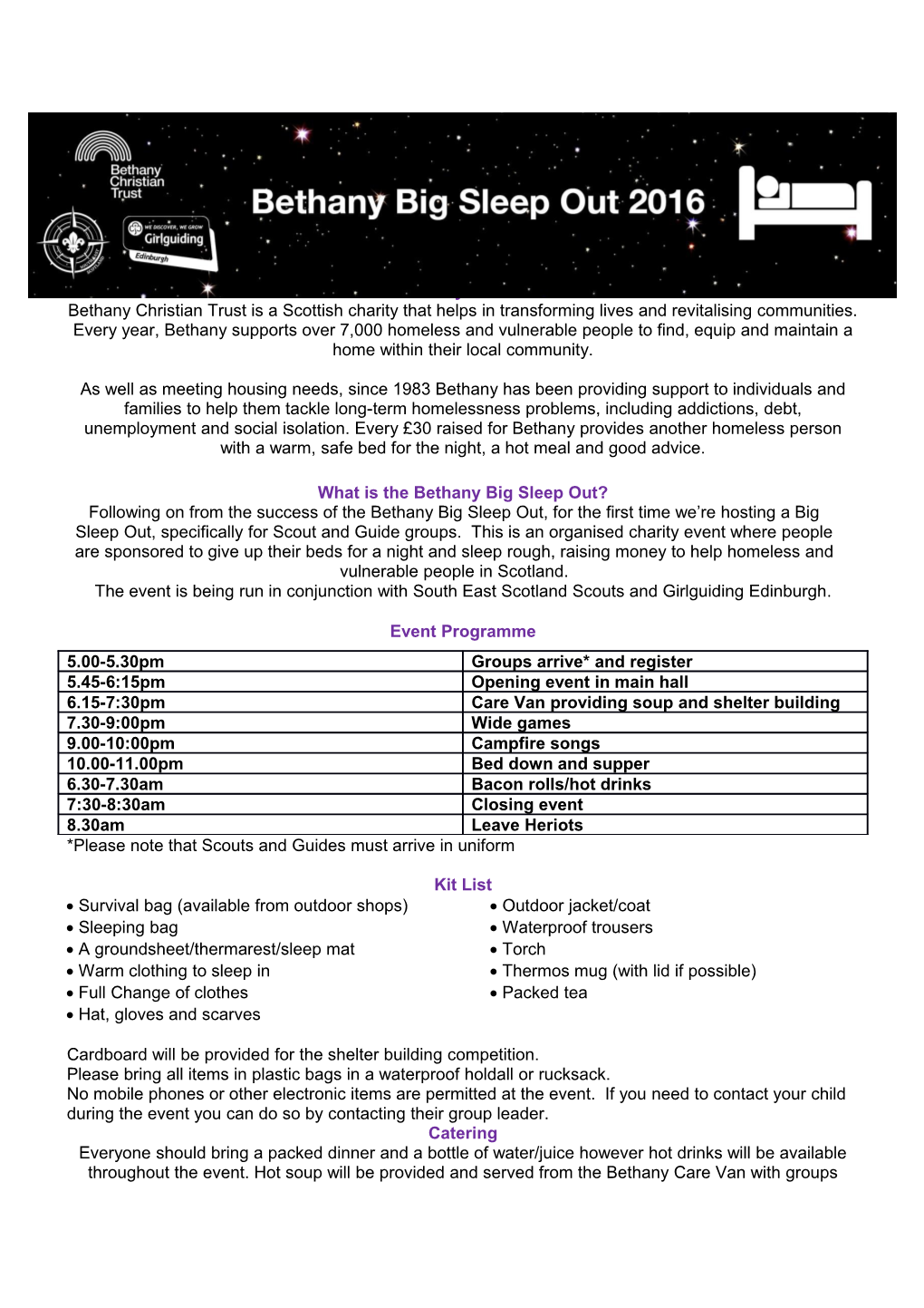 Scout and Guide Sleepout 12Th March 2016 Information Pack