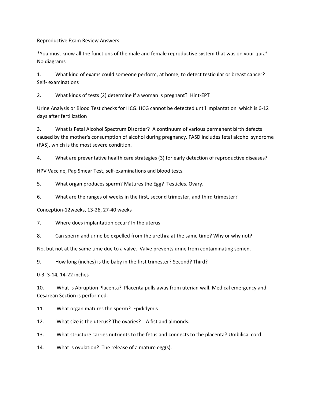 Reproductive Exam Review Answers