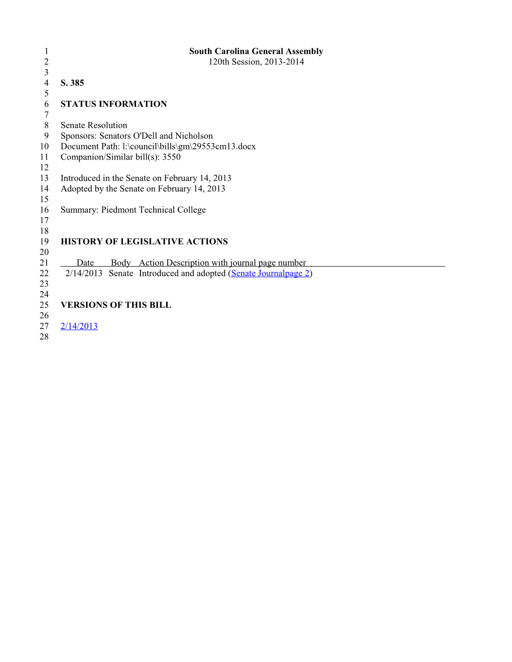2013-2014 Bill 385: Piedmont Technical College - South Carolina Legislature Online