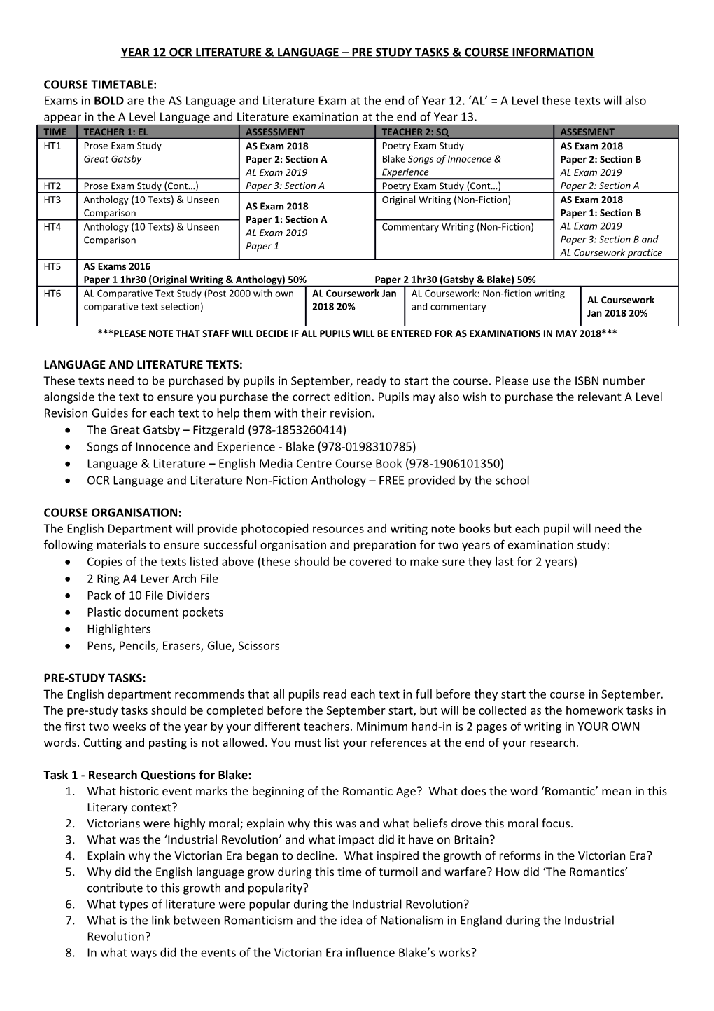 Year 12 Ocr Literature & Language Pre Study Tasks & Course Information