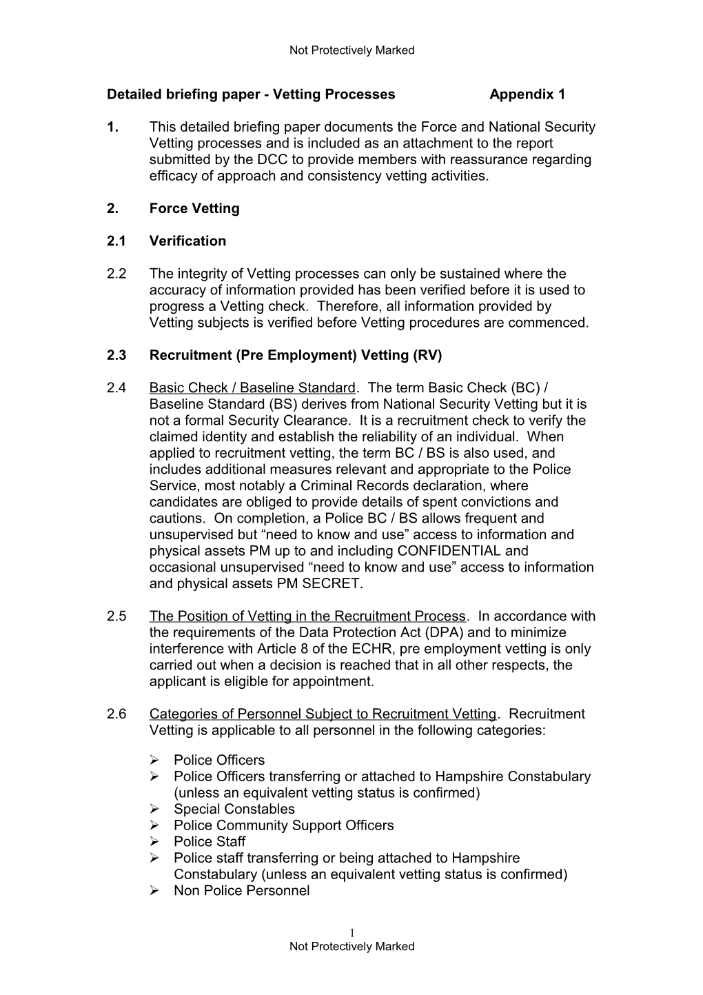Detailed Briefing Paper - Vetting Processes Appendix 1