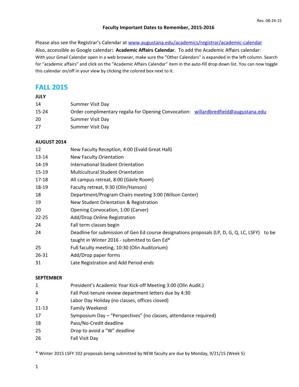 Faculty Important Dates to Remember, 2015-2016