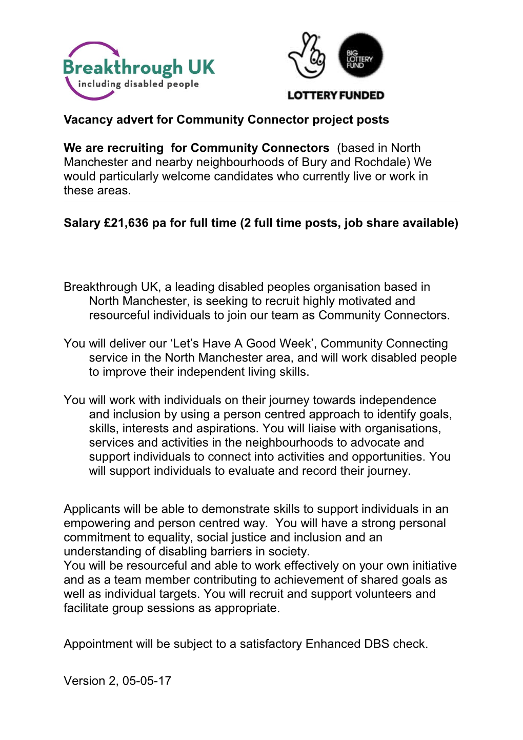 Vacancy Advert for Community Connector Project Posts