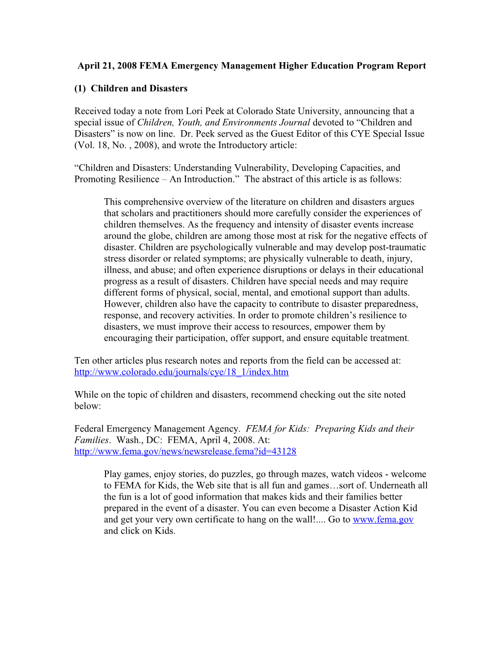 April 21, 2008 FEMA Emergency Management Higher Education Program Report