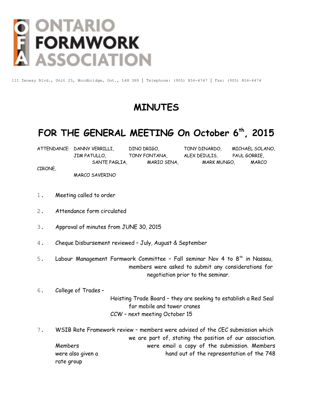 FOR the GENERAL MEETING Onoctober6th, 2015