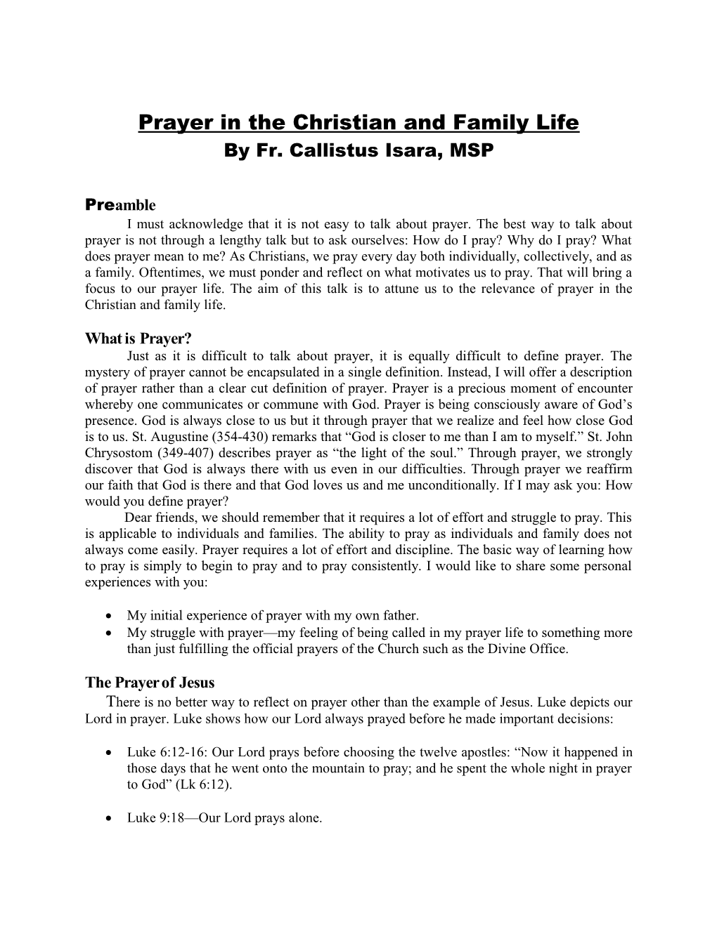 Prayer in the Christian and Family Life
