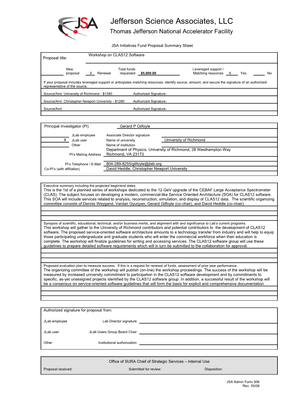 JSA 2009 RFP Summary