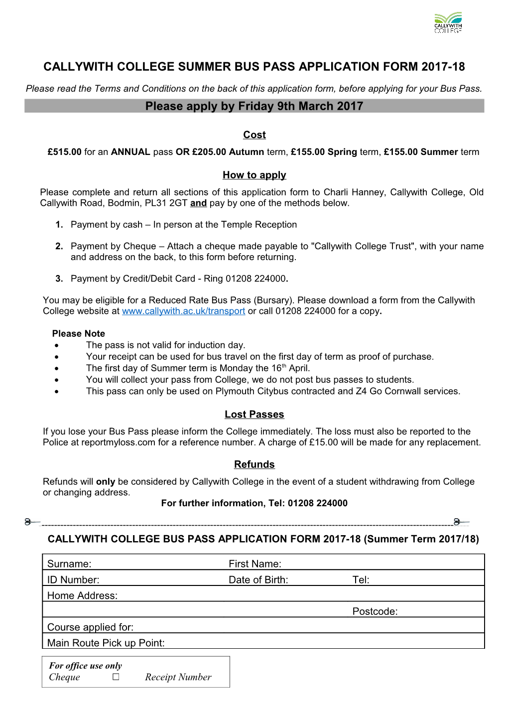 Callywith College Summerbus Pass Application Form 2017-18