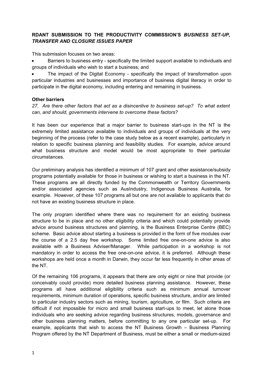 Submission 16 - Regional Development Australia NT - Business Set-Up, Transfer and Closure