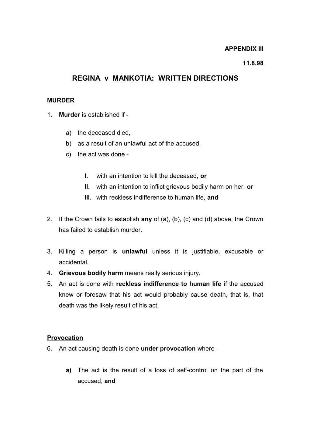 REGINA V MANKOTIA: WRITTEN DIRECTIONS