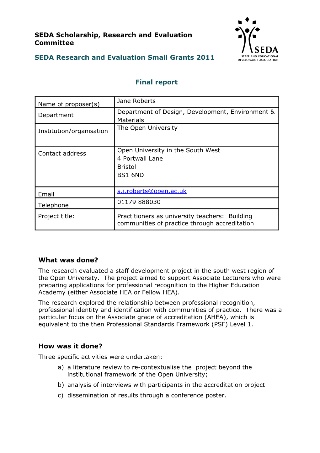 SEDA Scholarship, Research and Evaluation Committee