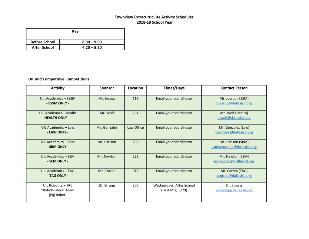 Townview Extracurricular Activity Schedules