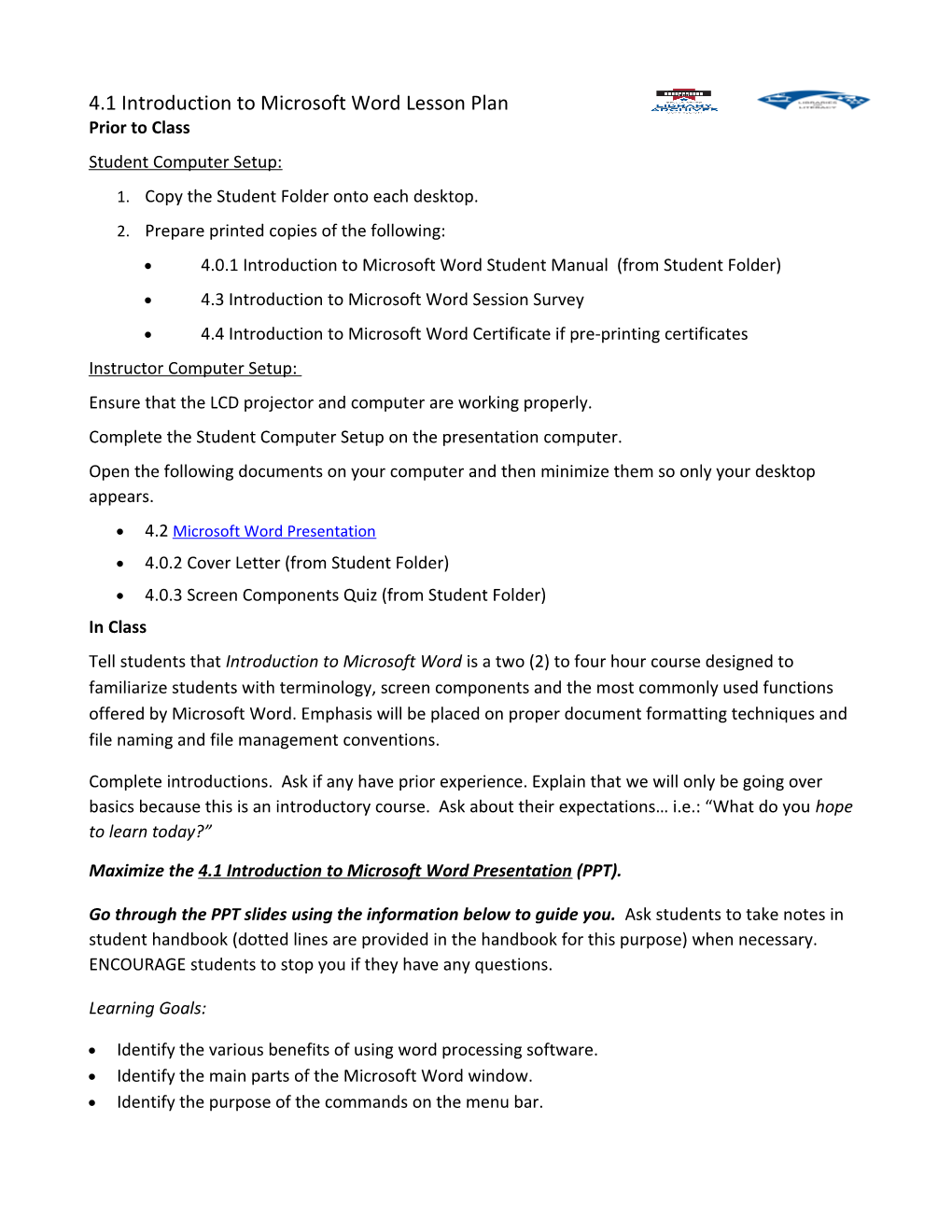4.1 Introduction to Microsoft Word Lesson Plan