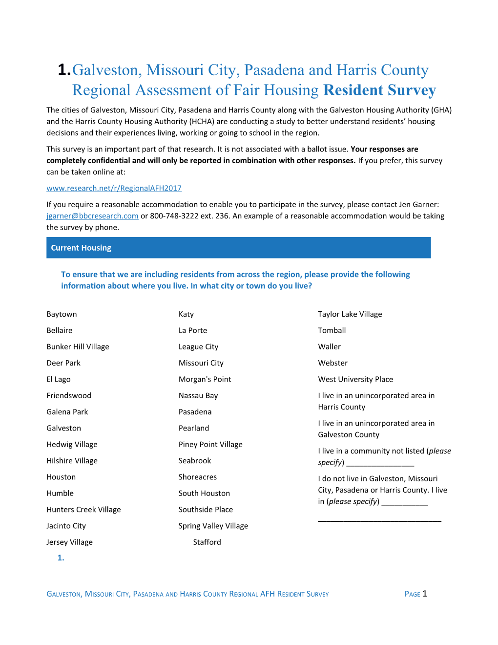 Galveston, Missouri City, Pasadena and Harris County Regional Assessment of Fair Housing